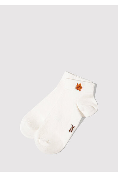 Mavi Yaprak Nakışlı Ekru Soket Çorap 1912755-23248
