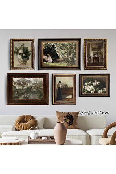Sanart Vintage Çerçeveli Tablo, 6 Parça Çerçeveli Tablo, Çerçeveli Yağlı Boya Tablo Seti, Retro Tablolar