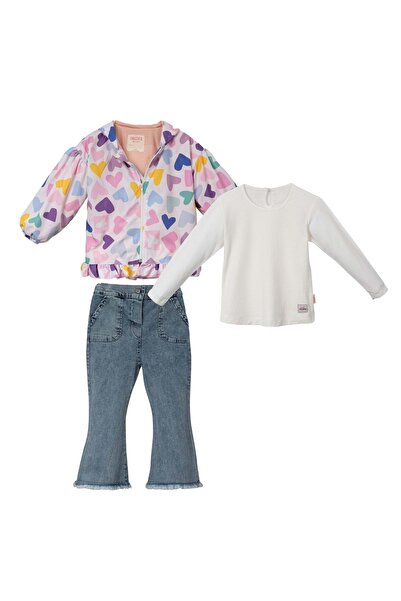 Necix's Hooded Lined Hearted Raincoat with Denim Pants Three-Piece Top and Bottom Set Salmon