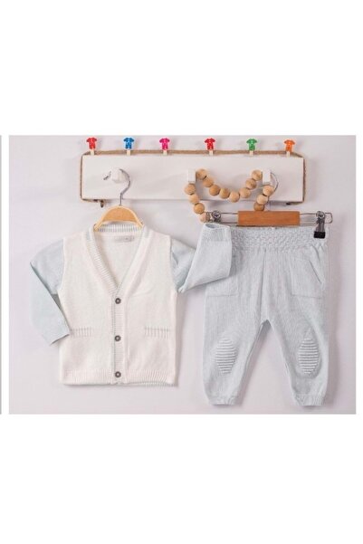 RYZE ÇOCUK Detailed V-Neck Cardigan with Knee-Length Tricot Bottom-Up Set Blue