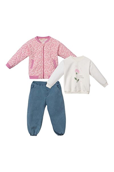 Necix's Pink floral quilted unlined jacket and denim pants three-piece set
