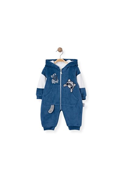 atabay Lets 45 Embroidered Hooded Poelushed Velvet Jumpsuit Blue