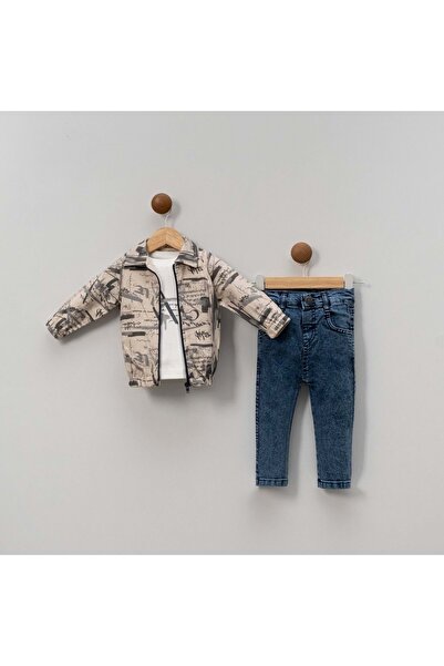 Necix's Printed Jacket with Denim Pants Three-Piece Set Gray
