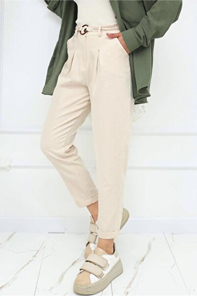 TRENDTESETTÜR Women Beige Belted Linen Pants t 0666