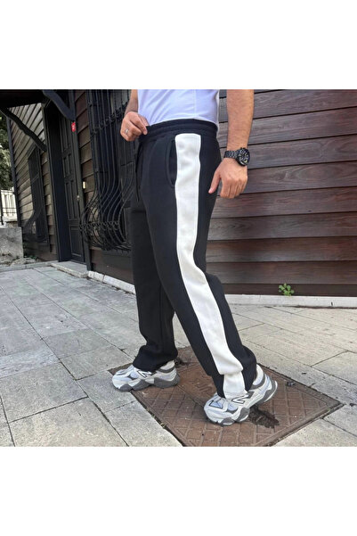 Silerra Men's Three Thread Winter Cotton Side Trim Thick Stripe Pocket Sweatpants - Black