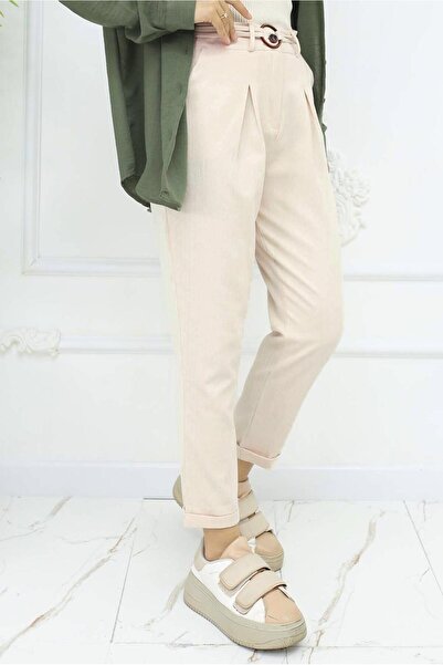 TRENDTESETTÜR Women Beige Belted Linen Pants t 0666
