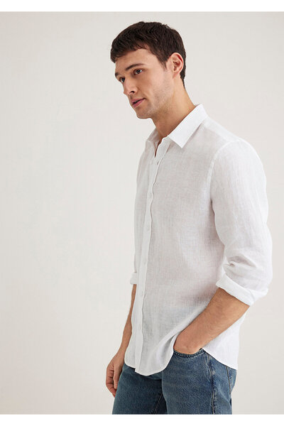 Mavi Beyaz Keten Gömlek Slim Fit / Dar Kesim 0211466-620