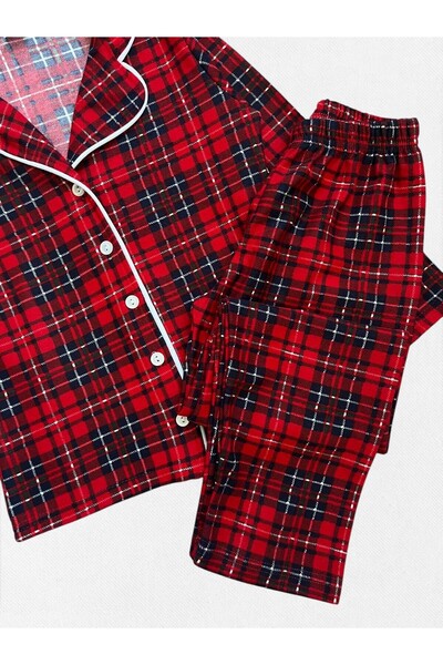 ALİŞ KİDS Erkek Çocuk Pamuklu Süet Kumaş Kırmızı Ekose Desen Gömlek Yaka Boydan Düğmeli Pijama Takımı