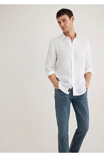 Mavi Beyaz Keten Gömlek Slim Fit / Dar Kesim 0211466-620