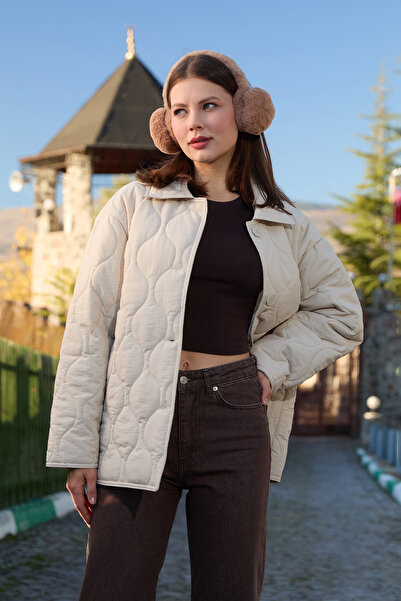 Fulla Moda Su Yolu Desenli Kapitone Oversize Düğmeli Mont