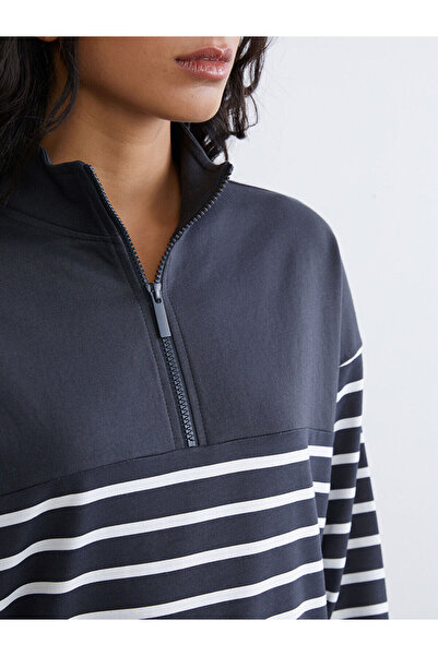 LC Waikiki Lcw Modest Stand Collar Striped Women's Sweatshirt Tunic