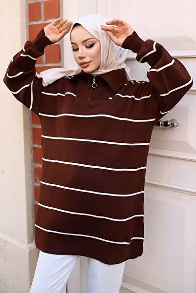 ribana Women's Hijab Clothing Collar Upright Striped Zippered Knitwear Tunic-...