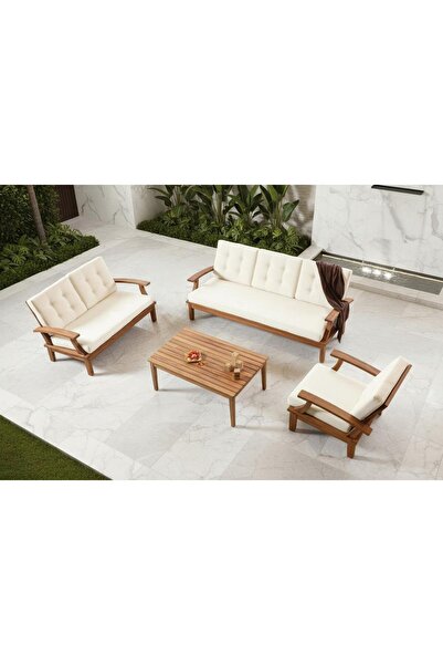 Root Art Trend Iroko Ahşap Bahçe - Balkon Oturma Grubu | 3.2.1 + Sehpa ( Krem...
