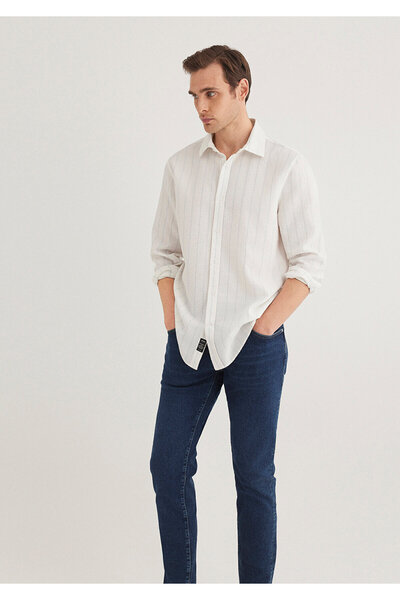 Mavi Çizgili Beyaz Gömlek Regular Fit / Normal Kesim 0211384-70813