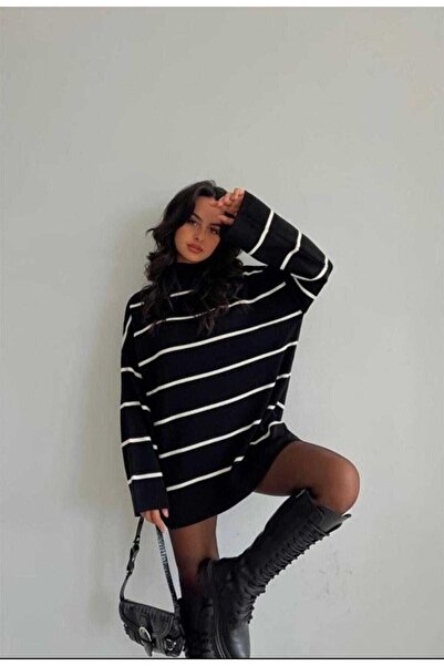 Panashe Dámský pletený svetr s černým a bílým proužkovaným dlouhým rukávem do půl krku