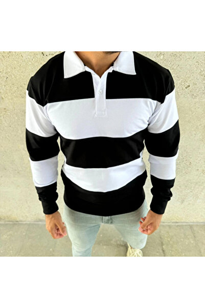 MODA Men's Polo Neck Long Sleeve Striped Sweatshirt Trend Rugby Style - Black