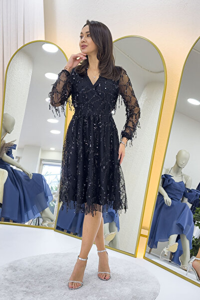 Elbise Delisi Kruvaze Yaka Pulpayet Büyük Beden Abiye Elbise