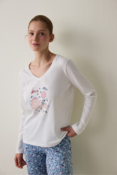 Penti Cup of Tea Patterned V-Neck Cotton Long Sleeve Pajama Set