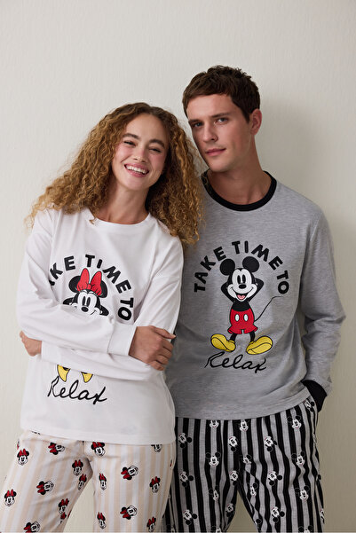 Penti Optik Beyaz Mickey Mouse Baskılı Pamuklu Uzun Kollu Pijama Takımı