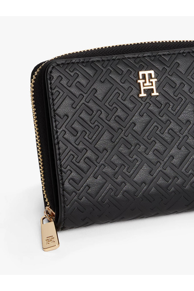 Tommy Hilfiger Th Icon Medium Zippered Monogram Cover Women's Black Wallet Aw0Aw17743Bds
