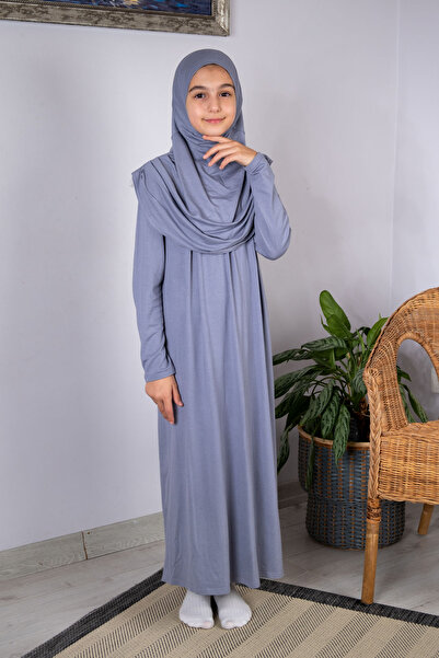 ihvan online One-Piece Children's Prayer Dress with Practical Headscarf, Ages 8-12 - Gray