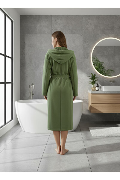 Semecca Cotton Velvet Hooded Unisex Green Bathrobe