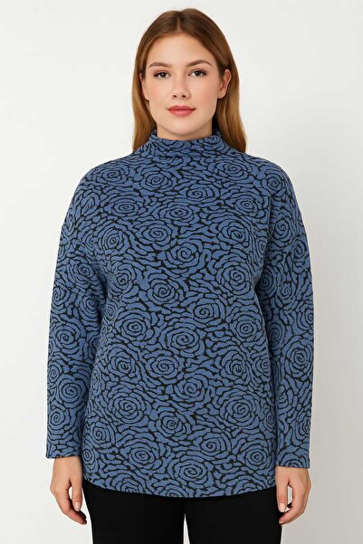 Şans Tunică cu model jacquard albastru de marimi mari - mânecă lungă, decolteu 65n30418