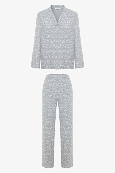 Penti Gray Melange Gingerbread Shirt Collar Thermal Effect Pajama Set