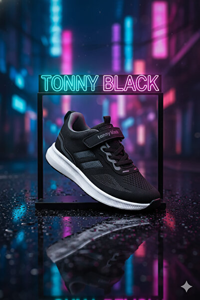 Tonny Black Pantofi sport cu velcro pentru copii, unisex, negru, afumat, cu talpă Eva, cu dungi laterale și detaliu din plasă