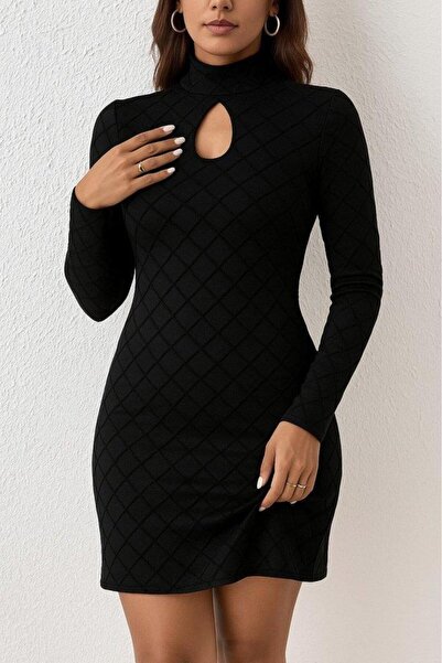 Genel Markalar Kadın Uzun Kollu Damla Detay Flok Baskı Dalgıç Mini Elbise