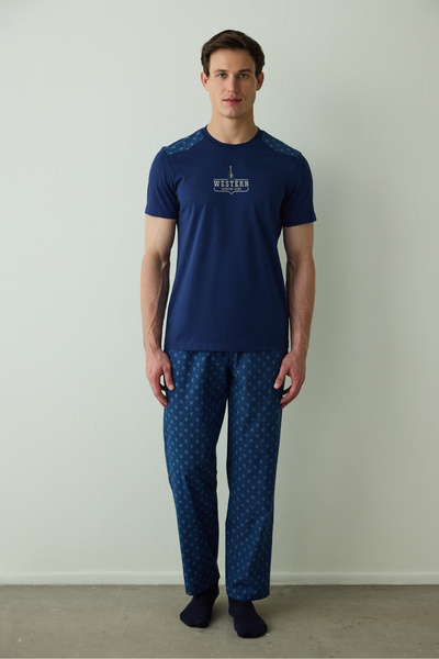 Penti İndigo Erkek Western Sloganlı Kısa Kollu Pamuklu Pijama Takımı