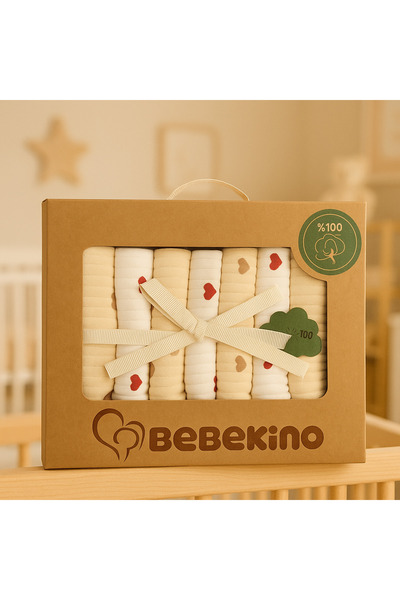 Bebekino Organik Penye 7'lı Bebek Ağız Bezi – %100 Pamuk Kutulu Desenli Mendi...