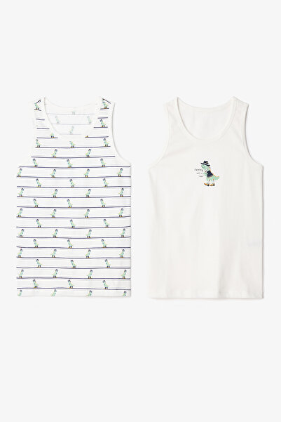 Penti White Boy's Dino Farm Dinosaur Printed Cotton 2-Piece Undershirt