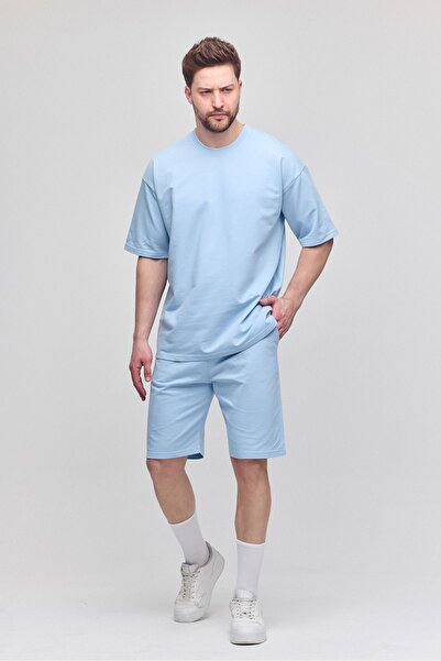 COMBİNE MİCHAİL Мъжки комплект от 2 части, свободна кройка, ежедневен, с мотив, надпис, без повдигане, ледено син