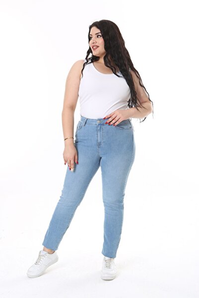 Şans Large Size High Waist Lycra Blue Jeans 5 Pockets - 65N38132
