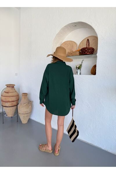 COMBİNE MİCHAİL Γυναικείο πουκάμισο Ayrobin από λινό σκούρο πράσινο oversize