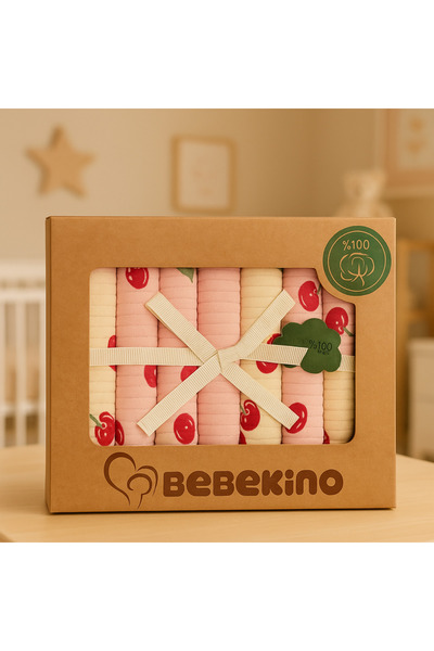 Bebekino Organik Penye 7'lı Bebek Ağız Bezi – %100 Pamuk Kutulu Desenli Mendil 22*22cm