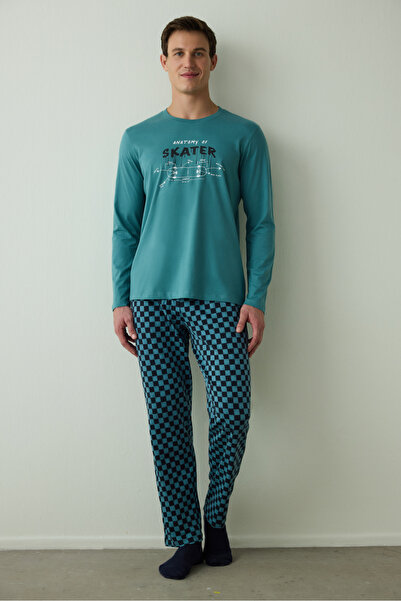 Penti Σετ ανδρικών πιτζάμες από βαμβακερό λαιμόκοψη με στάμπα με στάμπα Skater Slogan