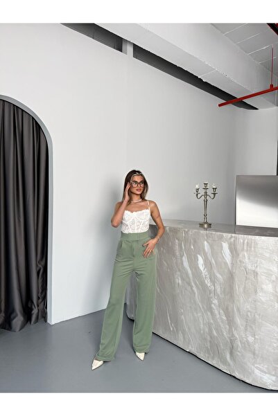 COMBİNE MİCHAİL Відкриті жіночі штани Palazzo з лайкрою на липучці з лінії хакі з застібкою на липучці