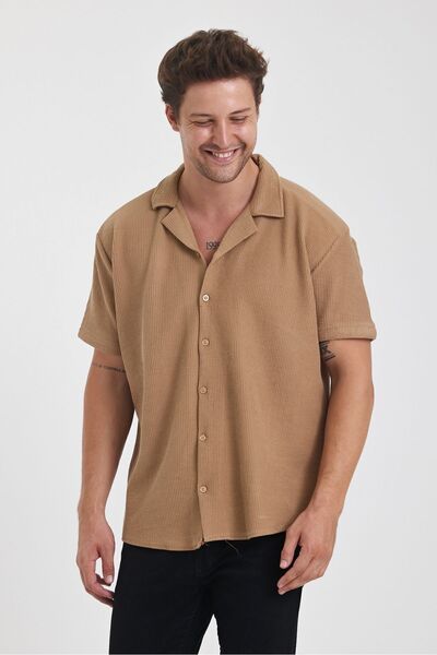COMBİNE MİCHAİL CARAMEL Men's Cotton Flexible Cuban Collar Short Sleeve Shirt