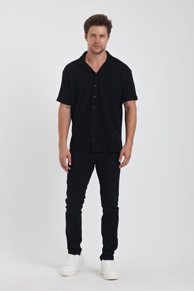 COMBİNE MİCHAİL Чорна чоловіча сорочка - бавовняна, еластична, кубичний комір, короткий рукав