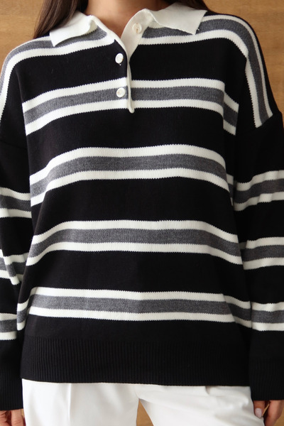 Balenbi Women's Polo Neck Oversized Striped Knitwear Sweater 1128