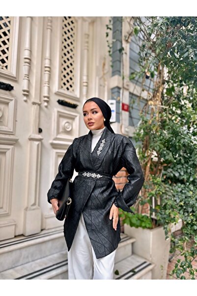 comstar Stone Detailed Jacquard Jacket with Waist Belt