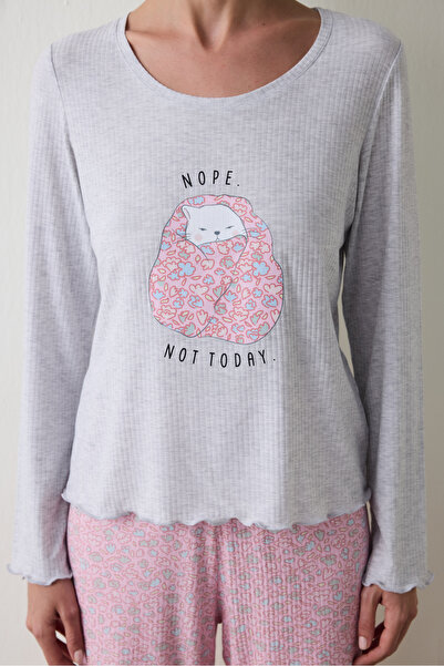Penti Açık Gri Melanj Not Today Baskılı U Yaka Uzun Kollu Pijama Üstü