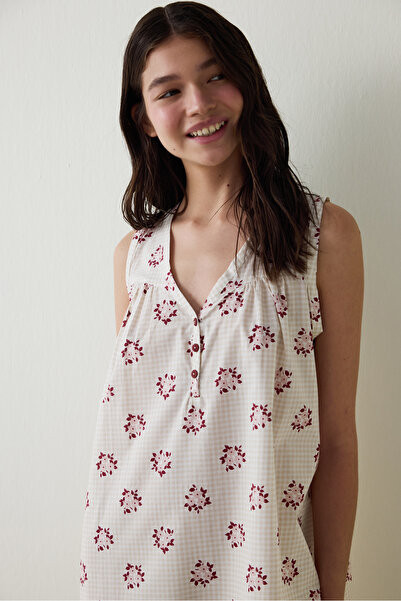 Penti Stone Color Freya Floral Patterned V-Neck Buttoned Cotton Strap Nightgown