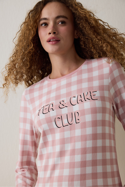 Penti Pembe Tea Club Ekoseli Bisiklet Yaka Pijama Takımı