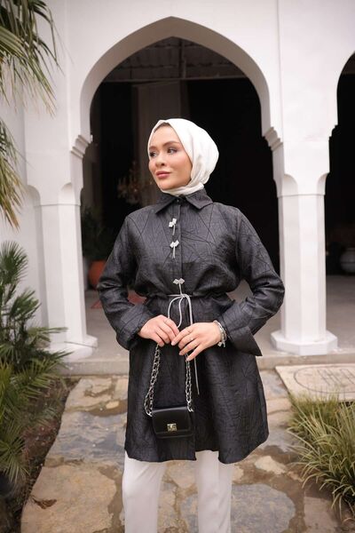 comstar Жіночий жакардовий елегантний чорний піджак з еластичним поясом