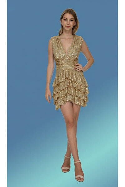 Elif Naz Moda Evi gold payetli kolsuz drapeli fırfırlı detaylı elbise