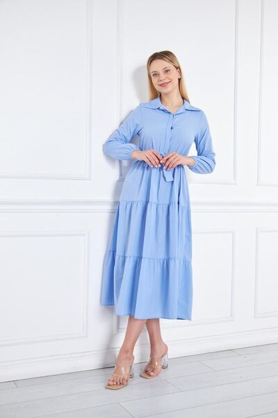 comstar Γυναικείο πουκάμισο με στρώσεις γιακά Κομψό Baby Blue Μακρύ Φόρεμα