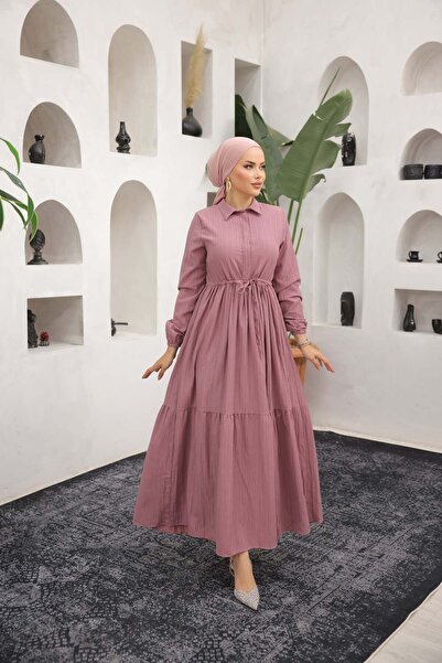 comstar Women's Long Sleeve Gathered Hijab Pink Long Dress